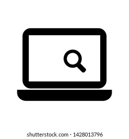 black laptop computer icon with magnifying glass online searching information symbol on white screen display isolated on white background. vector illustration 
