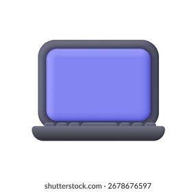 Negro con la pantalla púrpura del ordenador portátil. Tecnología, trabajo remoto, educación y concepto de comunicación digital. Icono de Vector 3D. Estilo minimalista de dibujos animados.