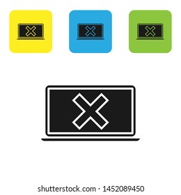 Black Laptop and cross mark on screen icon isolated on white background. Error window, exit button, cancel, 404 error page not found concept. Set icons colorful square buttons. Vector Illustration