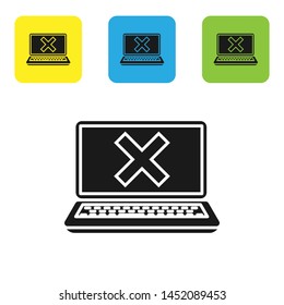 Black Laptop and cross mark on screen icon isolated on white background. Error window, exit button, cancel, 404 error page not found concept. Set icons colorful square buttons. Vector Illustration