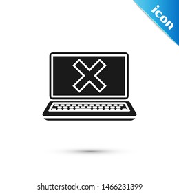 Black Laptop and cross mark on screen icon isolated on white background. Error window, exit button, cancel, 404 error page not found concept.  Vector Illustration