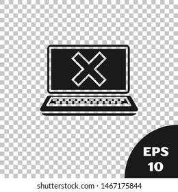 Black Laptop and cross mark on screen icon isolated on transparent background. Error window, exit button, cancel, 404 error page not found concept.  Vector Illustration