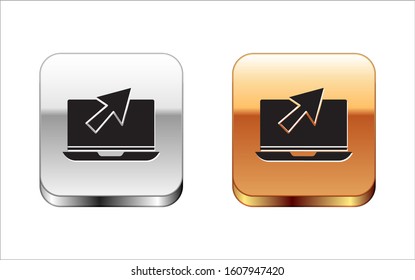 Black Laptop and cursor icon isolated on white background. Computer notebook with empty screen sign. Silver-gold square button. Vector Illustration
