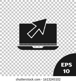 Black Laptop and cursor icon isolated on transparent background. Computer notebook with empty screen sign.  Vector Illustration