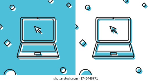 Black Laptop with cursor icon isolated on blue and white background. Random dynamic shapes. Vector Illustration