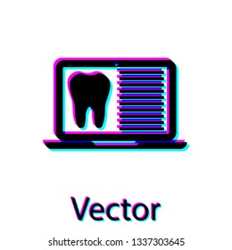 Black Laptop with dental card or patient medical records icon isolated on white background. Dental insurance. Dental clinic report. Vector Illustration