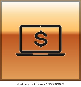 Black Laptop with dollar symbol icon isolated on gold background. Online shopping concept. Economy concept. Vector Illustration