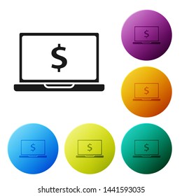 Black Laptop with dollar symbol icon isolated on white background. Online shopping concept. Earnings in the Internet, marketing. Set icons colorful circle buttons. Vector Illustration