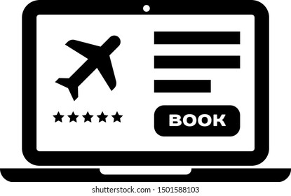 Black Laptop with electronic boarding pass airline ticket icon isolated on white background. Passenger plane mobile ticket for web and app.  Vector Illustration
