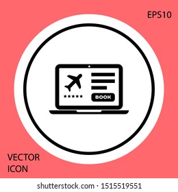 Black Laptop with electronic boarding pass airline ticket icon isolated on red background. Passenger plane mobile ticket for web and app. White circle button. Vector Illustration