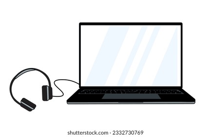 Portátil negro con pantalla vacía y auriculares, aislado en fondo blanco, plantilla vectorial, icono, maquillaje.