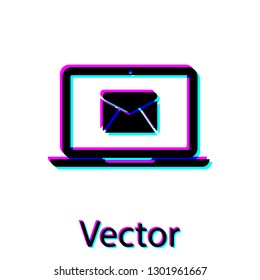 Black Laptop with envelope and open email on screen icon isolated on white background. Email marketing, internet advertising concepts. Vector Illustration