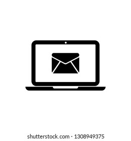 Black Laptop with envelope and open email on screen icon isolated on white background. Email marketing, internet advertising concepts. Vector Illustration