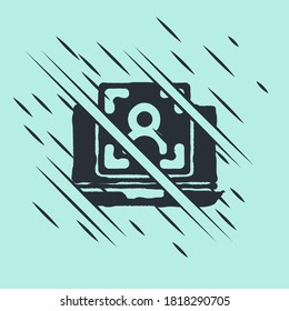 Black Laptop with face recognition icon isolated on green background. Face identification scanner icon. Facial id. Cyber security concept. Glitch style. Vector
