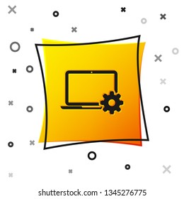 Black Laptop and gear icon isolated on white background. Laptop service concept. Adjusting app, setting options, maintenance, repair, fixing laptop concepts. Yellow square button. Vector Illustration