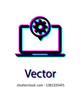 Black Laptop and gear icon isolated on white background. Laptop service concept. Adjusting app, setting options, maintenance, repair, fixing. Vector Illustration