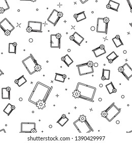 Black Laptop and gear icon isolated seamless pattern on white background. Laptop service concept. Adjusting app, setting options, maintenance, repair, fixing laptop concepts. Vector Illustration Black Laptop and gear icon isolated seamless pattern on white background. Laptop service concept. Adjusting app, setting options, maintenance, repair, fixing laptop concepts. Vector Illustration