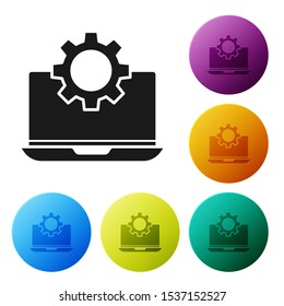 Black Laptop and gear icon isolated on white background. Laptop service concept. Adjusting app, setting options, maintenance, repair, fixing. Set icons colorful circle buttons. Vector Illustration