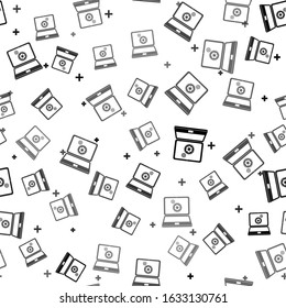 Black Laptop and gears icon isolated seamless pattern on white background. Laptop service concept. Adjusting app, setting options, maintenance, repair, fixing laptop concepts.  Vector Illustration