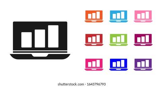 Portátil negro con icono de gráfico de gráficos aislado en fondo blanco. Icono de archivo de texto de informe. Signo contable. Auditoría, análisis, planificación. Establecer iconos coloridos.  Ilustración vectorial