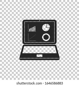 Black Laptop with graph chart icon isolated on transparent background. Report text file icon. Accounting sign. Audit, analysis, planning. Flat design. Vector Illustration