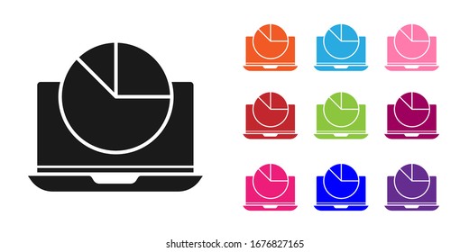 Black Laptop with graph chart icon isolated on white background. Report text file icon. Accounting sign. Audit, analysis, planning. Set icons colorful. Vector Illustration