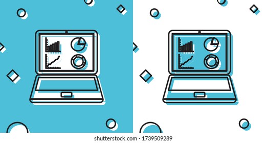 Black Laptop with graph chart icon isolated on white background. Report text file icon. Accounting sign. Audit, analysis, planning. Vector Illustration