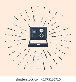 Black Laptop with graph chart icon isolated on beige background. Report text file icon. Accounting sign. Audit, analysis, planning. Abstract circle random dots. Vector Illustration