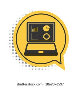 Black Laptop with graph chart icon isolated on white background. Report text file icon. Accounting sign. Audit, analysis, planning. Yellow speech bubble symbol. Vector.