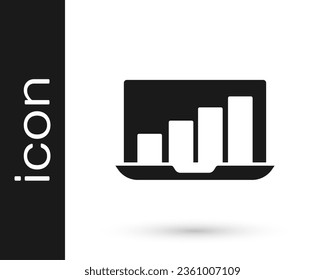 Black Laptop with graph chart icon isolated on white background. Report text file icon. Accounting sign. Audit, analysis, planning.  Vector