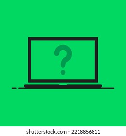 black laptop with green question mark icon. concept of find inform or questionnaire service. flat simple trend modern quizz info logotype graphic web design element isolated on green background