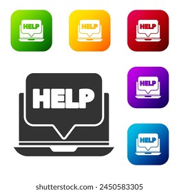 Black Laptop and help icon isolated on white background. Adjusting, service, setting, maintenance, repair, fixing. Set icons in color square buttons. Vector Illustration