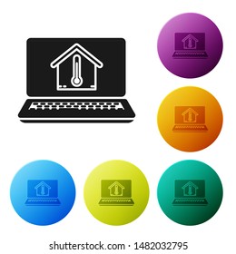 Black Laptop with house temperature icon isolated on white background. Thermometer icon. Set icons colorful circle buttons. Vector Illustration Black Laptop with house temperature icon isolated on white background. Thermometer icon. Set icons colorful circle buttons. Vector Illustration