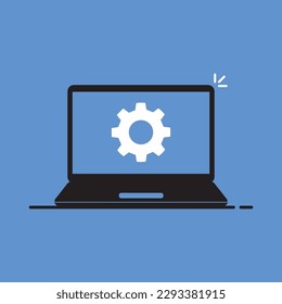 black laptop icon with gear wheel inside. flat modern simple logotype design web element isolated on blue background. concept of development or devops service badge and download or upload program