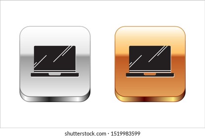 Black Laptop icon isolated on white background. Computer notebook with empty screen sign. Silver-gold square button. Vector Illustration