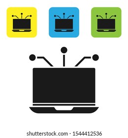 Black Laptop icon isolated on white background. Technology and devices concept.. Set of colorful square icon buttons. Vector Illustration
