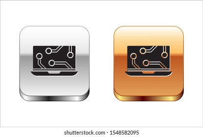 Black Laptop icon isolated on white background. Technology and devices concept.. Silver-gold square button. Vector Illustration