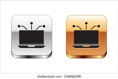 Black Laptop icon isolated on white background. Technology and devices concept.. Silver-gold square button. Vector Illustration