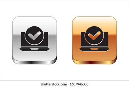 Black Laptop icon isolated on white background. Computer notebook with empty screen sign. Silver-gold square button. Vector Illustration