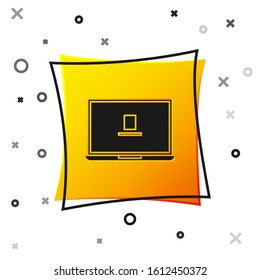 Black Laptop icon isolated on white background. Computer notebook with empty screen sign. Yellow square button. Vector Illustration