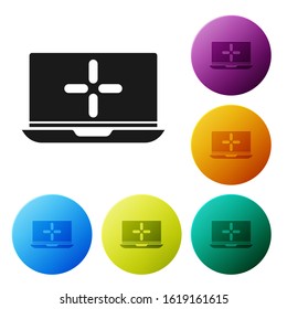 Black Laptop icon isolated on white background. Computer notebook with empty screen sign. Set icons colorful circle buttons. Vector Illustration