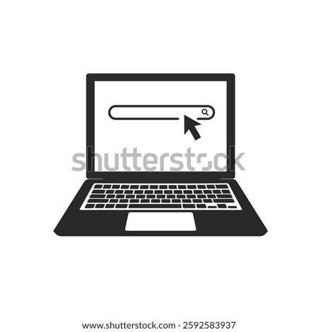 Black laptop icon with a white screen displaying a search bar and a cursor hovering over it, flat design.