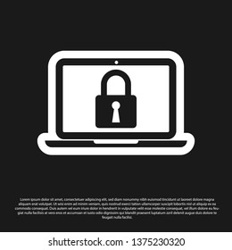 Black Laptop and lock icon isolated on black background. Computer and padlock. Security, safety, protection concept. Safe internetwork. Vector Illustration