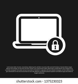 Black Laptop and lock icon isolated on black background. Computer and padlock. Security, safety, protection concept. Safe internetwork. Vector Illustration