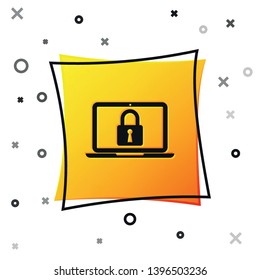 Black Laptop and lock icon isolated on white background. Computer and padlock. Security, safety, protection concept. Safe internetwork. Yellow square button. Vector Illustration