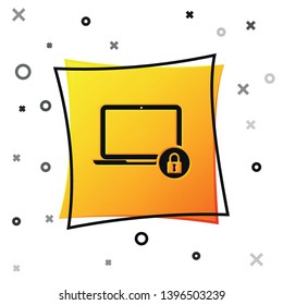 Black Laptop and lock icon isolated on white background. Computer and padlock. Security, safety, protection concept. Safe internetwork. Yellow square button. Vector Illustration