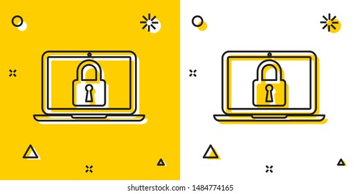 Black Laptop and lock icon isolated on yellow and white background. Computer and padlock. Security, safety, protection concept. Safe internetwork. Random dynamic shapes. Vector Illustration