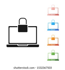 Black Laptop and lock icon isolated on white background. Computer and padlock. Security, safety, protection concept. Safe internetwork. Set icons colorful. Vector Illustration