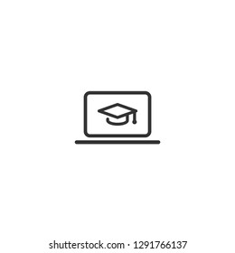 Black laptop monitor with graduation cap or mortar board. isolated on white. Flat line vector icon. Internet knowledge symbol. Good for web and mobile design.  on-line education sign. 