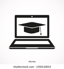 Black laptop monitor with graduation cap or mortar board. isolated on white. Flat vector simple icon. Internet knowledge symbol. Good for web and mobile design. on-line education sign